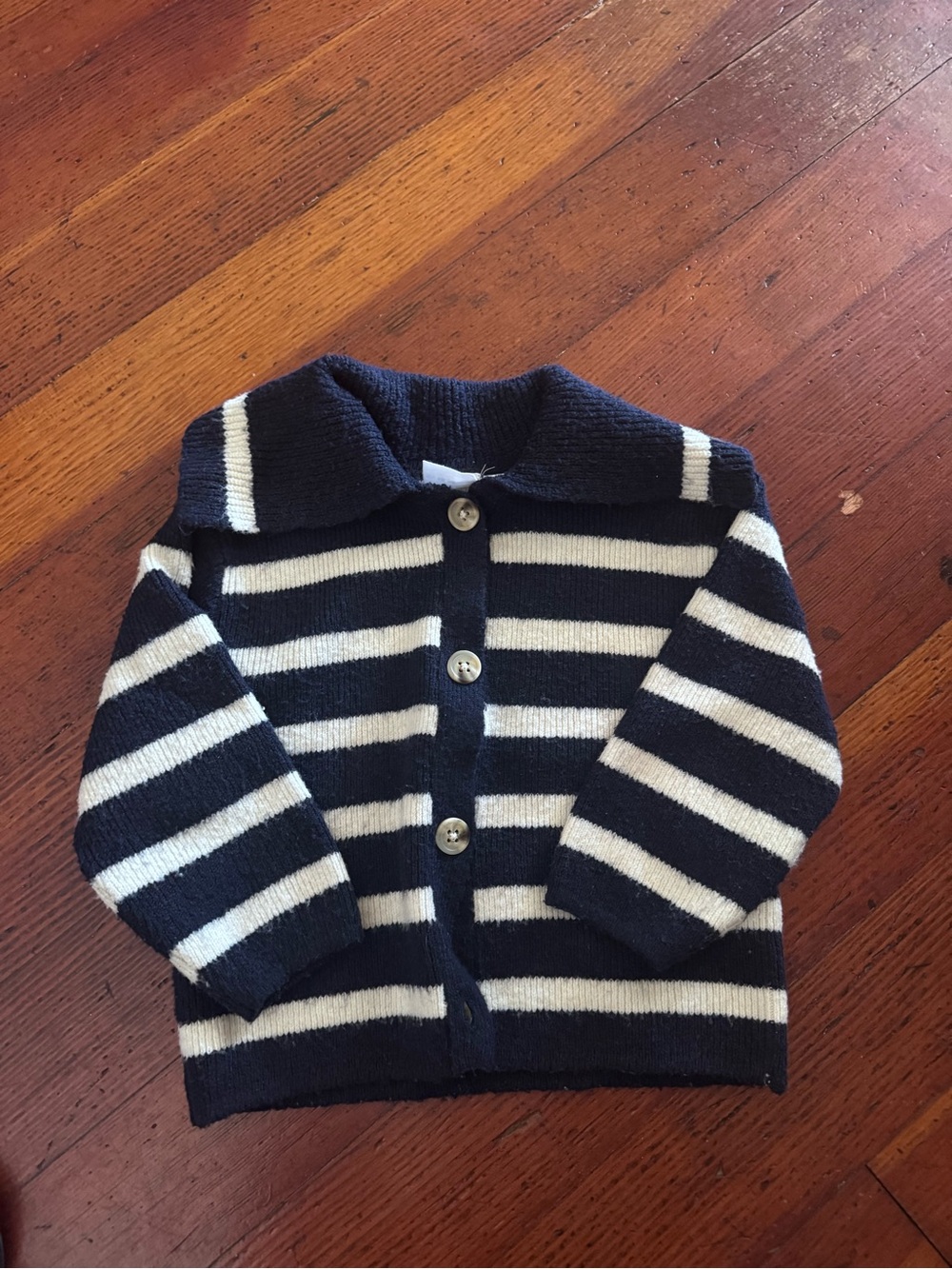 Zara Girls Navy & White Striped Button-Up Sweater Top